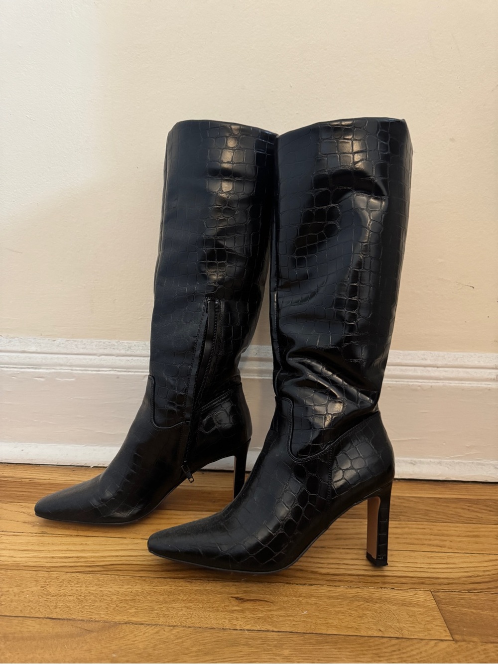Na-Kd Croc-Embossed Black Over-the-Knee Boots